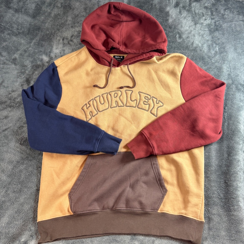 Hurley Mens Colorblock Hoodie Large Tan Burgundy Navy Blue Embroidered Logo